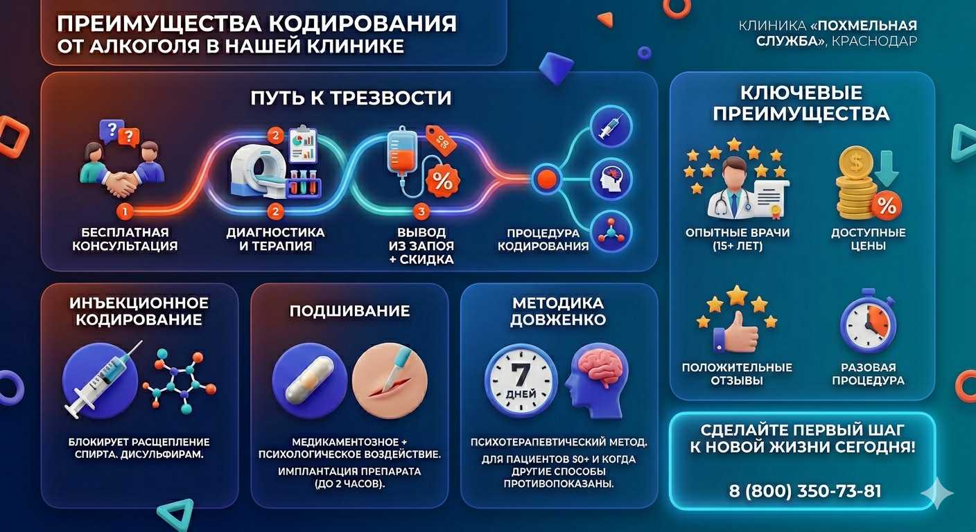 Инфографика о методах кодирования от алкоголя в Заполярном: инъекции, подшивание, метод Довженко. Преимущества клиники и этапы лечения.
