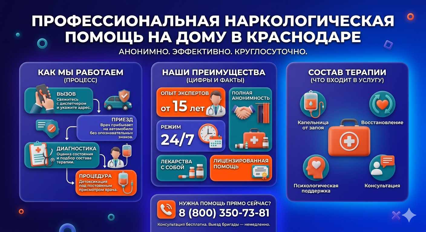 Инфографика о принципах лечения алкоголизма на дому в Заполярном: этапы вызова нарколога, преимущества анонимной детоксикации и состав медицинской помощи.